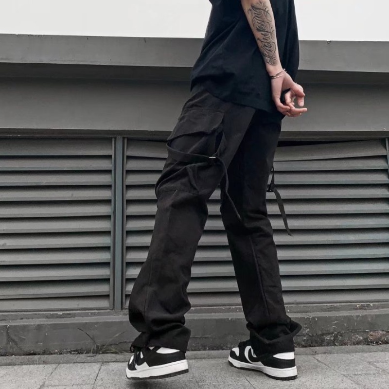 Quần dài dáng rộng màu đen thiết kế đơn giản phong cách Hàn Quốc cá tính cho nam