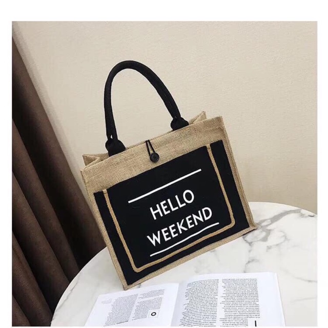 Túi cói vintage đi biển Merci - Hello Weekend xách tay nữ size lớn vải bố lanh cao cấp Hàn Quốc siêu hot 2021