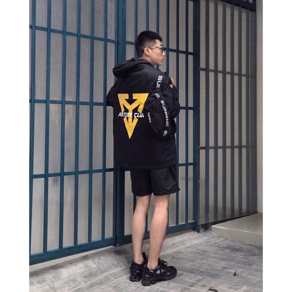 Áo khoác dù in hình ARTIST CLUB dành cho cặp đôi cho nam nữ có mũ, jacket form rộng màu đen unisex ulzzang 123SHOP