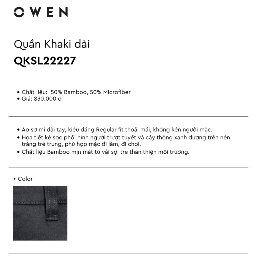 Quần dài kaki nam Owen QKSL22227 khaki công sở cao cấp màu đen trơn dáng slim fit ôm nhẹ vải thô cotton mềm mát