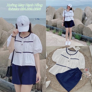 Set áo sơ mi babydoll viền mix quần short xanh cực xinh