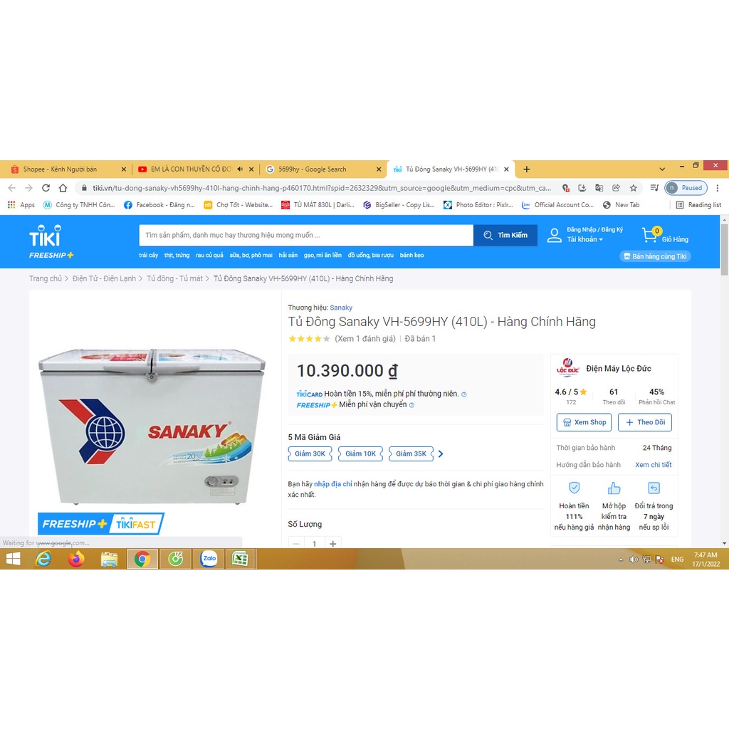 tủ đông sanaky 410 lít thanh lý đẹp