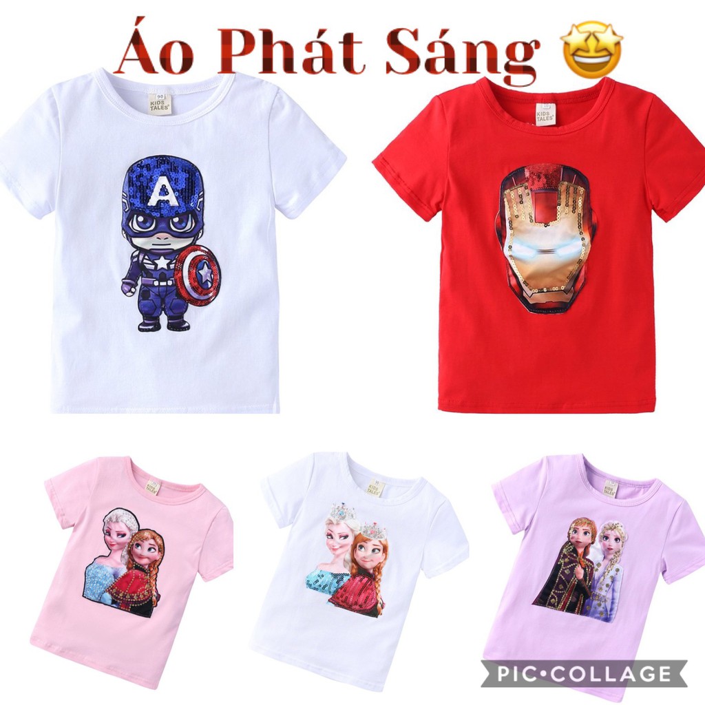 Áo cộc tay PHÁT SÁNG, áo gắn đèn led siêu nhân cho bé trai và công chúa Elsa cho bé gái Kid Tales