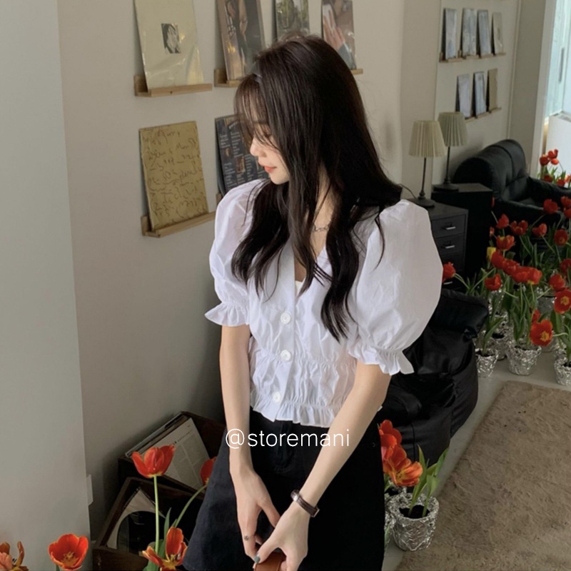 Áo sơ mi nữ tay ngắn cổ v phối 3 khuy to sang chảnh