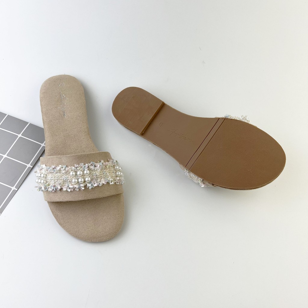 Dép nữ thấp dáng sandal đi biển quai ngang bảng to đính đá chính hãng có Bigsize HISHOO màu đen S063