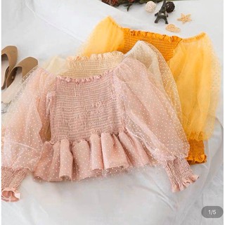 Áo voan nhún trễ vai phối tay lưới bèo lưới dễ thương TTSA0009