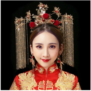 Vương miện cổ trang - Kim quan bông đỏ tua rủ