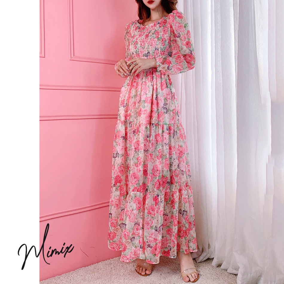 Đầm maxi tay dài bo chun họa tiết hoa hồng MIMIX BT4250 | BigBuy360 - bigbuy360.vn