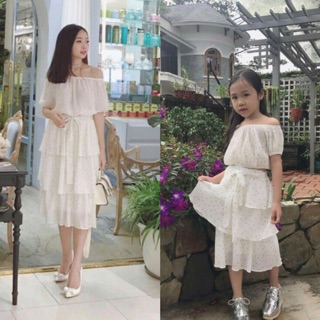 Set áo croptop + chân váy voan bi nhí 3 tầng mẹ và bé