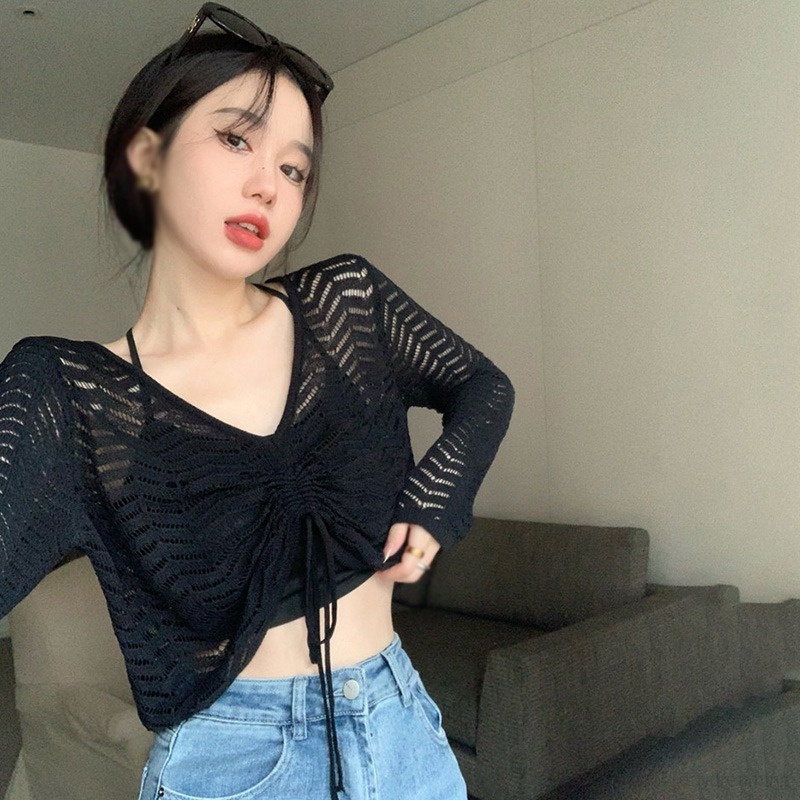 Áo Croptop Dệt Kim Chống Nắng Phối Dây Rút Phong Cách Hàn Quốc Cho Nữ
