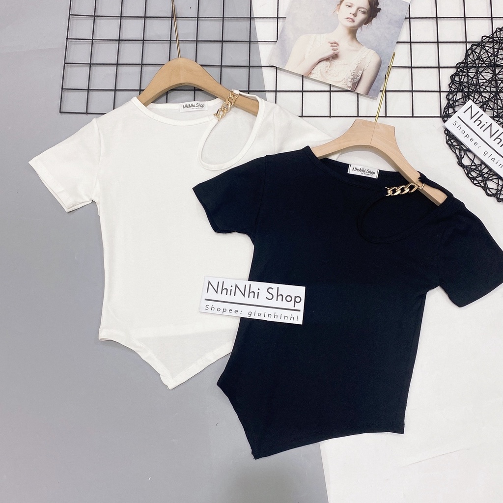 [Mã FAMARAL1 giảm 10K đơn 50K] Áo kiểu khoét vai dây xích, Áo thun dáng ôm ngắn tay co giãn AS5525 - NhiNhi Shop