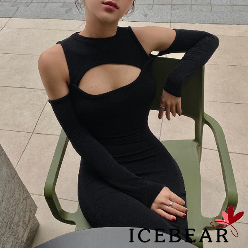 Đầm Body Tay Dài Màu Trơn Thiết Kế Trễ Vai Quyến Rũ