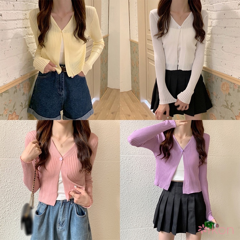 Áo Khoác Cardigan Dệt Kim Màu Trơn Cổ Chữ V Chống Nắng Cho Nữ