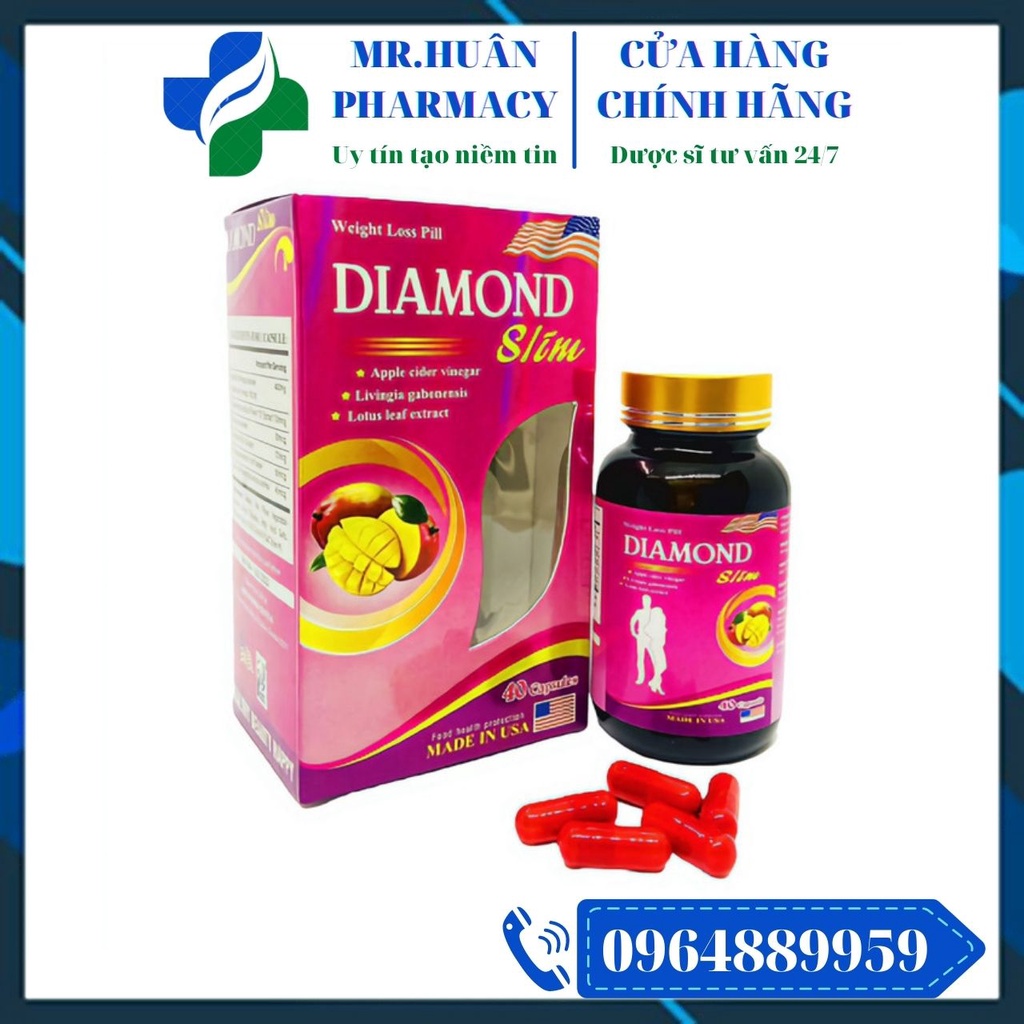 Viên uống giảm cân Diamond Slim (Lọ 40 viên) của Mỹ - Giảm cảm giác thèm ăn, hỗ trợ tăng đào thải mỡ, không gây mệt mỏi