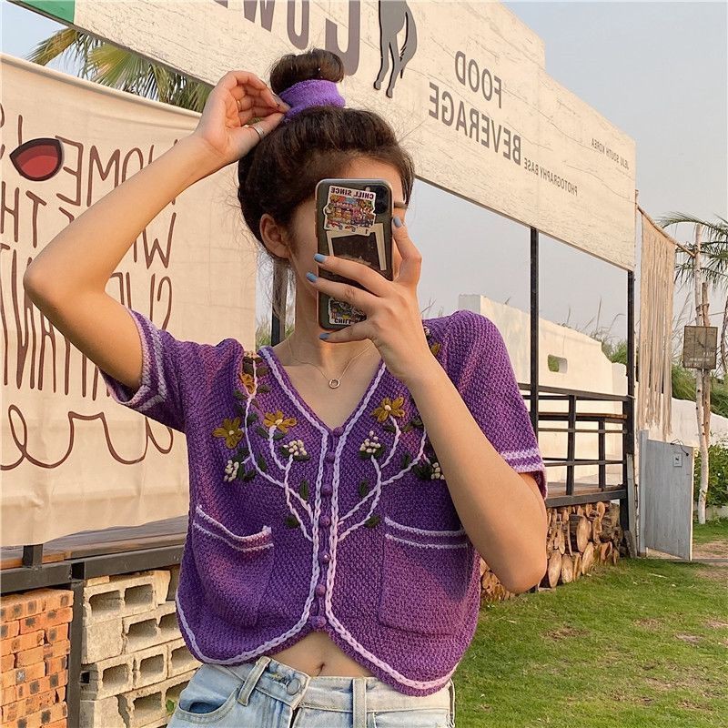 [Order] Áo len dệt kim thêu hoa lá xinh xắn mùa hè dáng croptop ulzzang style