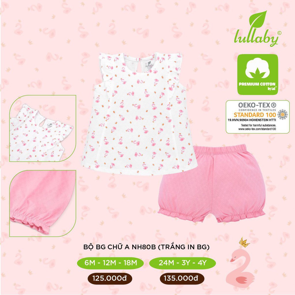 Bộ cộc tay bé gái vân thoáng Lullaby NH80B, áo chữ A quần đùi cotton mềm mịn, thoáng khí