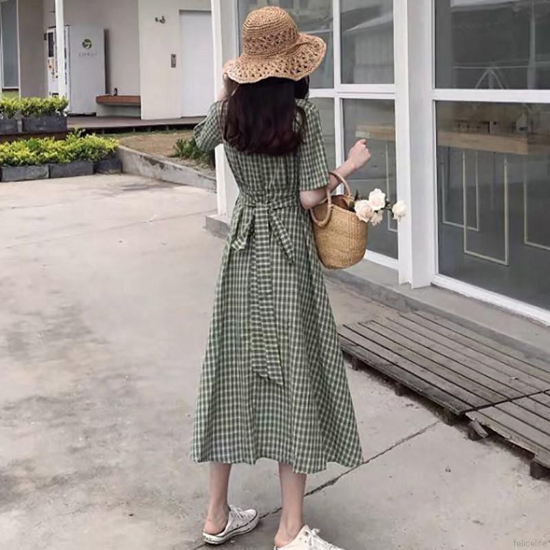 Đầm Nữ Cổ Tròn Họa Tiết Caro Thời Trang