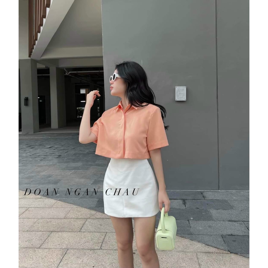 Sét áo và chân váy nữ áo kiểu sơ mi croptop kèm chân váy mini có lót trong