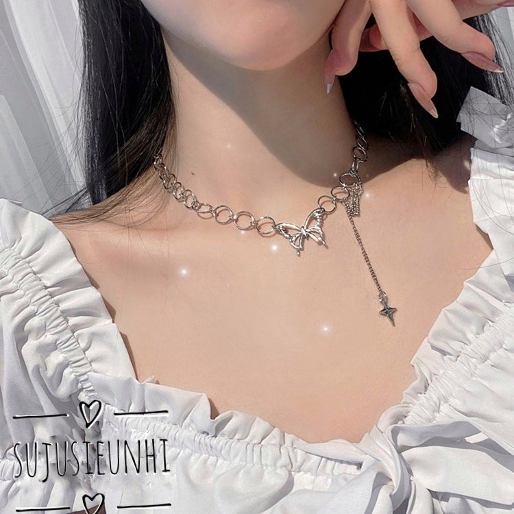 (2 mẫu)vòng cổ choker mặt tròn gắn bướm,chữ thập kèm chain