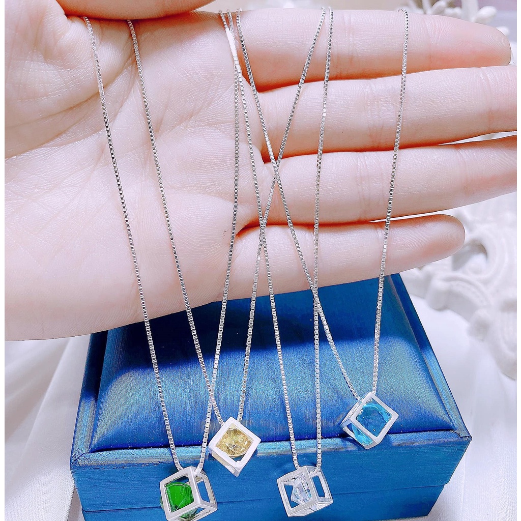 Dây chuyền mặt khối chứa đá lấp lánh - Cam kết chuẩn Bạc Ý