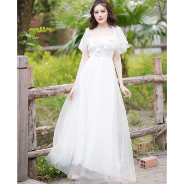 Đầm maxi dự tiệc mặc cưới tay ngắn kết hoa nổi TRIPBLE T DRESS - size M/L (kèm ảnh/video thật)MS34V