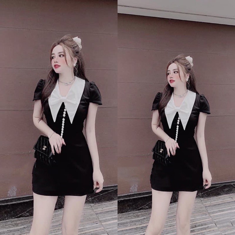 [Mã FATHANG5 giảm 10K đơn 50K] D842 Đầm Chữ A Ngắn Tay Bồng Nhẹ Pha Cổ Vest