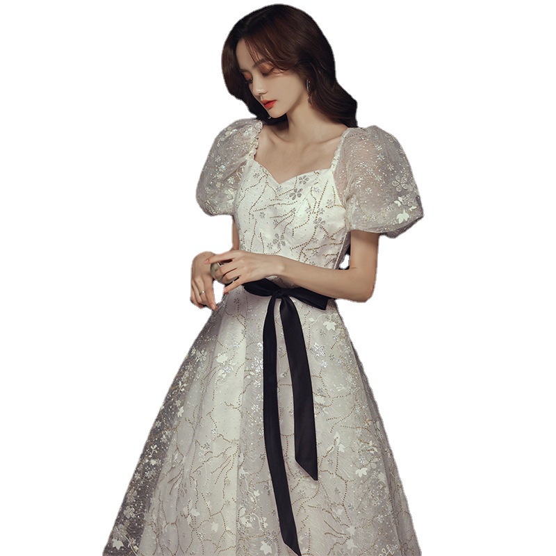 Đầm Dài Dự Tiệc Tối Màu Trắng Phong Cách Pháp 2022 Mới