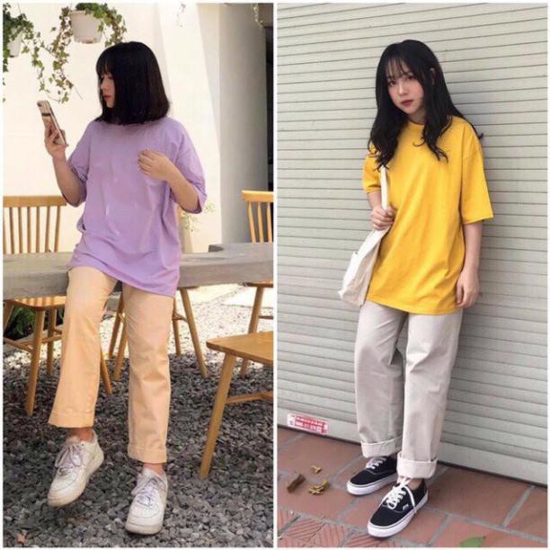 Áo Thun Trơn  Unisex Tay Lỡ Nam Nữ Cổ Tròn 10 Màu From Rộng