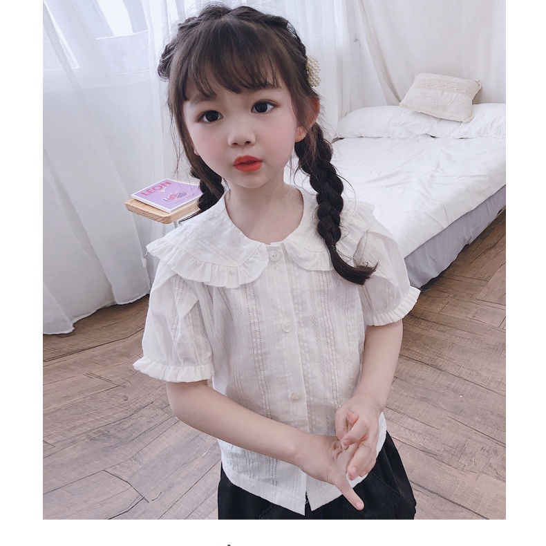 Áo sơ mi tay ngắn cổ tròn màu trắng phong cách Hàn Quốc xinh xắn cho bé gái