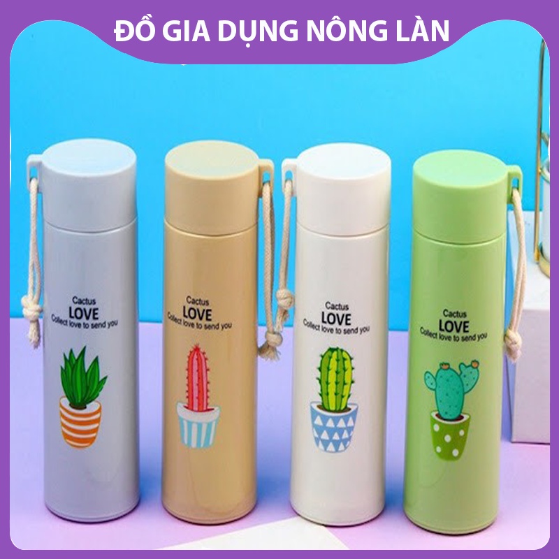 Bình đựng nước lõi thủy tinh họa tiết xương rồng dễ thương dung tích 400ml - Bình giữ nhiệt họa tiết xương rồng NL Shop