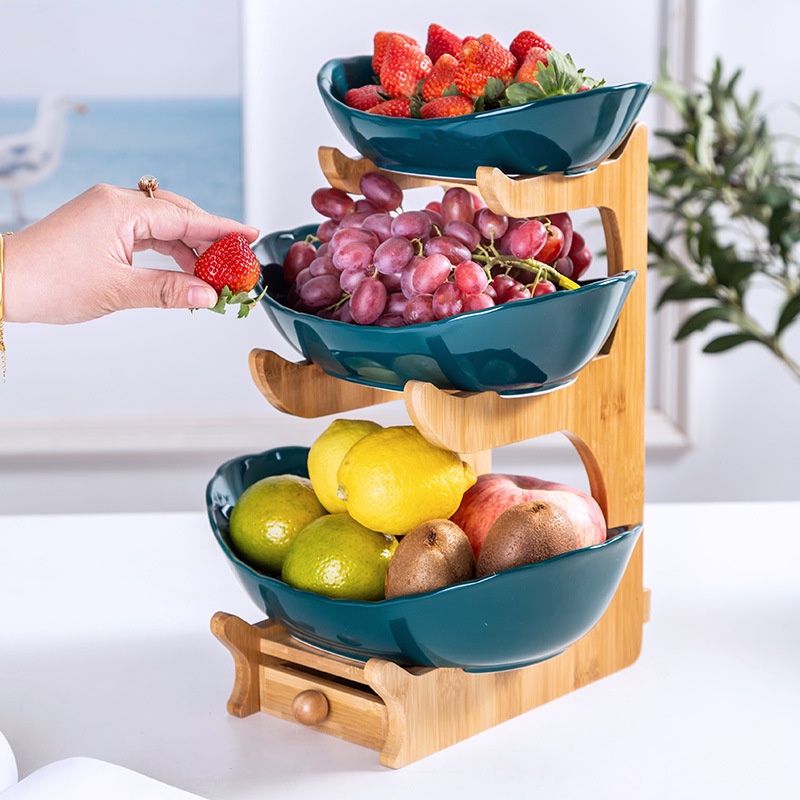 Khay đựng hoa quả bánh kẹo 3 tầng bằng sứ màu xanh cổ vịt có giá đỡ - hàng loại 1