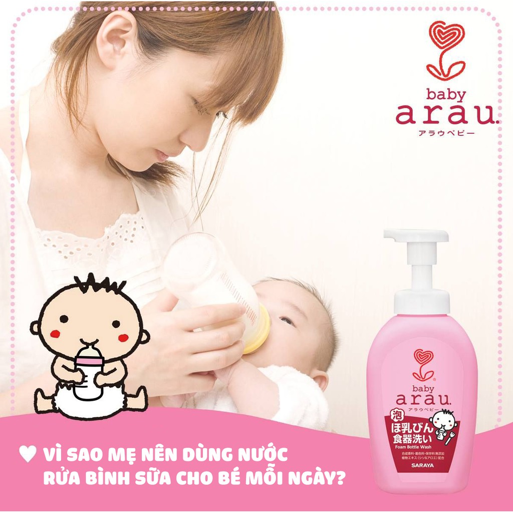 Nước rửa bình Arau baby Nhật Bản bình 500ml sử dụng được cho tất cả các sản phẩm của bé như bình, núm vú giả, bát dĩa ăn