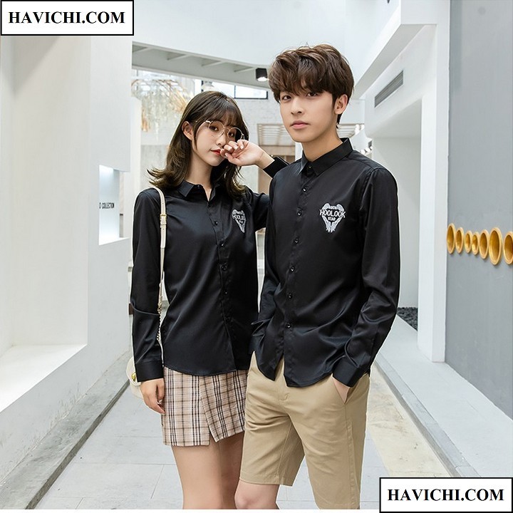 Áo sơ mi nam nữ 𝗙𝗥𝗘𝗘𝗦𝗛𝗜𝗣 - Sơ mi cặp đôi nam nữ đen unisex hoolook cặp đôi, mềm mịn, không nhăn, thoáng mát