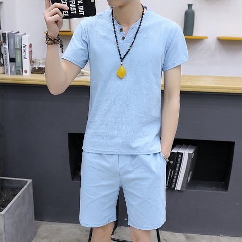 Bộ Đùi Nam Cổ V Tay Ngắn Vải Đũi Cao Cấp Mềm Mịn Mát Nhẹ Thoáng Thấm Hút Mồ Hôi Tốt Màu Đen Trắng Xanh Nhạt Be