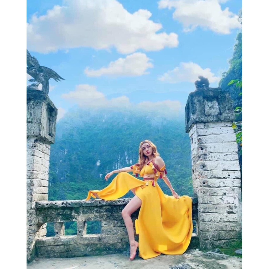 Đầm maxi thổ Cẩm du lịch sống ảo khoét eo, có đệm ngực HaKieu MSp 012 | BigBuy360 - bigbuy360.vn