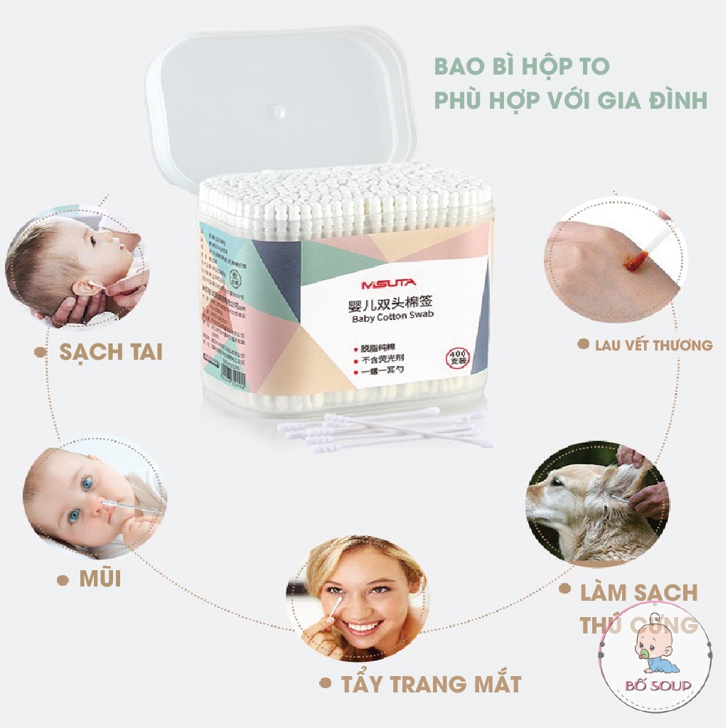 Tăm bông Misuta cho bé sơ sinh chất liệu bông tự nhiên, hộp 400 que Shop Bố Soup