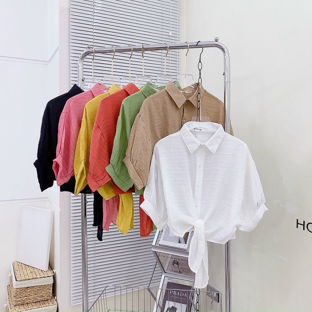 Áo sơ mi buộc vạt tay lỡ trơn cá tính