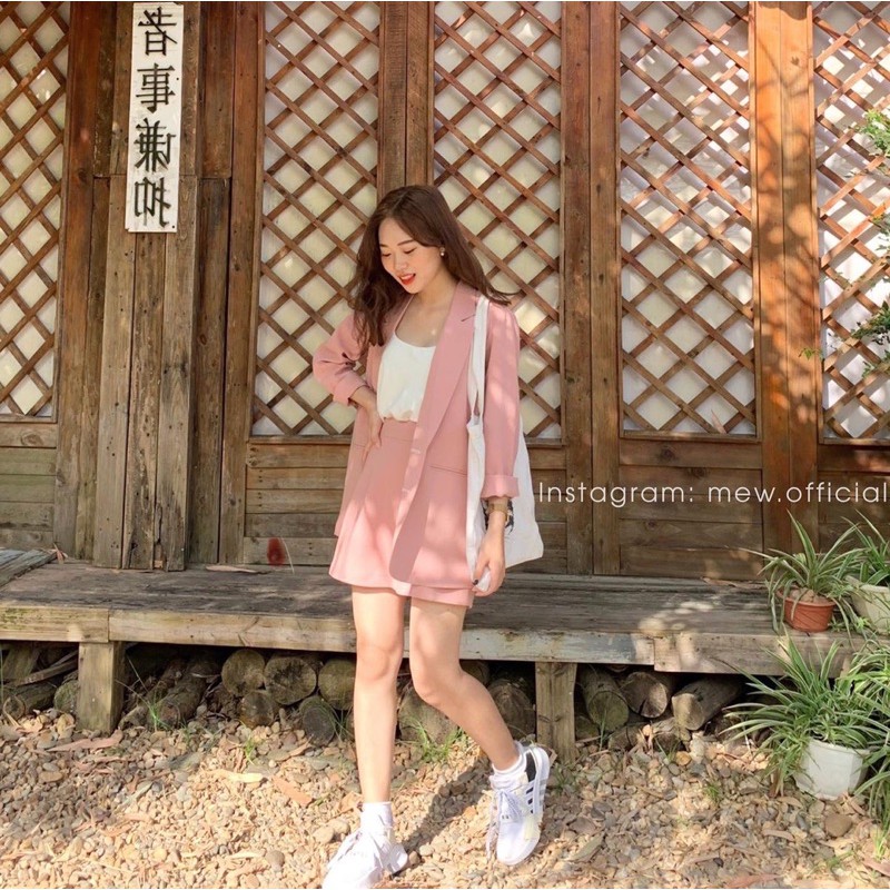 Set Blazer và quần giả váy hồng