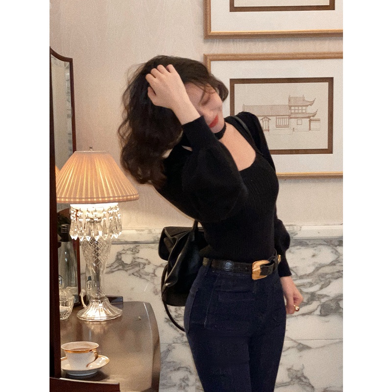 QKOOLE  Áo dệt kim cổ vuông màu đỏ/ đen phong cách Hàn Quốc thời trang cá tính cho nữ