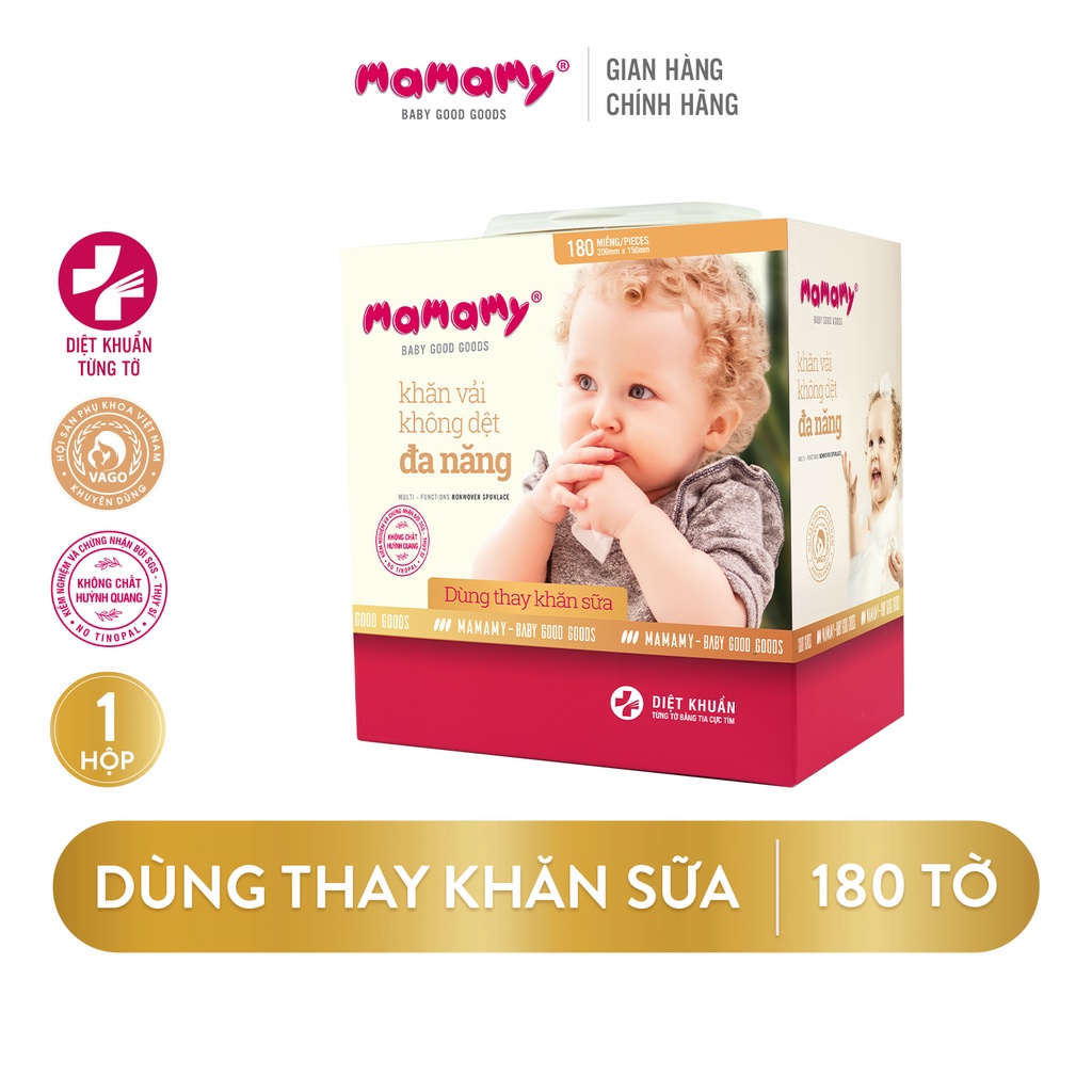 Khăn khô đa năng Mamamy 180 tờ, không chứa huỳnh quang an toàn cho bé