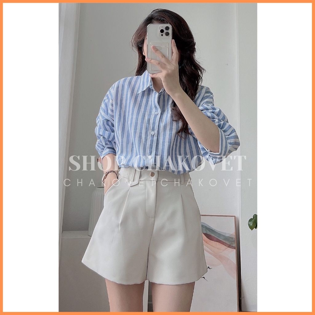 Áo sơ mi nữ Hàn Quốc A.8362 Áo kẻ sọc to dài tay basic form rộng có thể khoác ngoài đi chơi, du ịch siêu hot - CHAKOVET