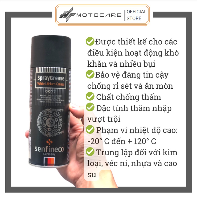 Xịt dưỡng sên cao cấp SENFINECO 9977 chai 450ml mỡ bò trắng không văng lâu trôi HTMotocare