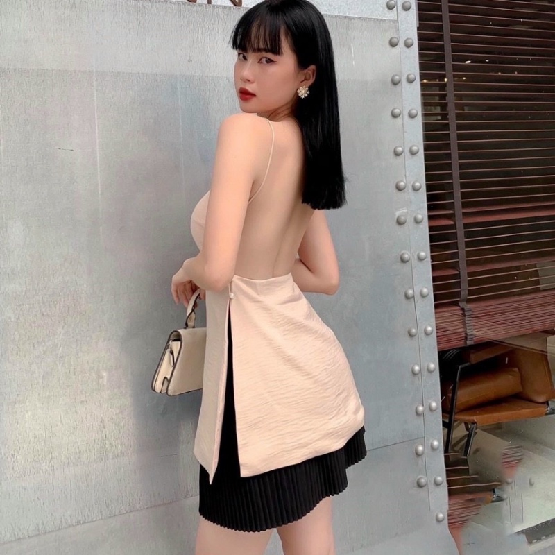 Áo lụa nhũ 2 dây hở lưng đính ngọc ở eo đẹp, áo nữ sexy