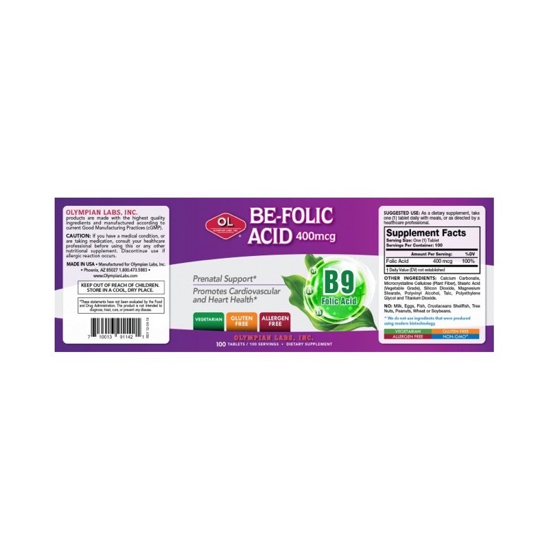 BE-FOLIC ACID Vitamin B9 Bổ máu chống  dị tật thai nhi Olympian Labs hộp 100 viên [Nhập khẩu chính hãng Mỹ]