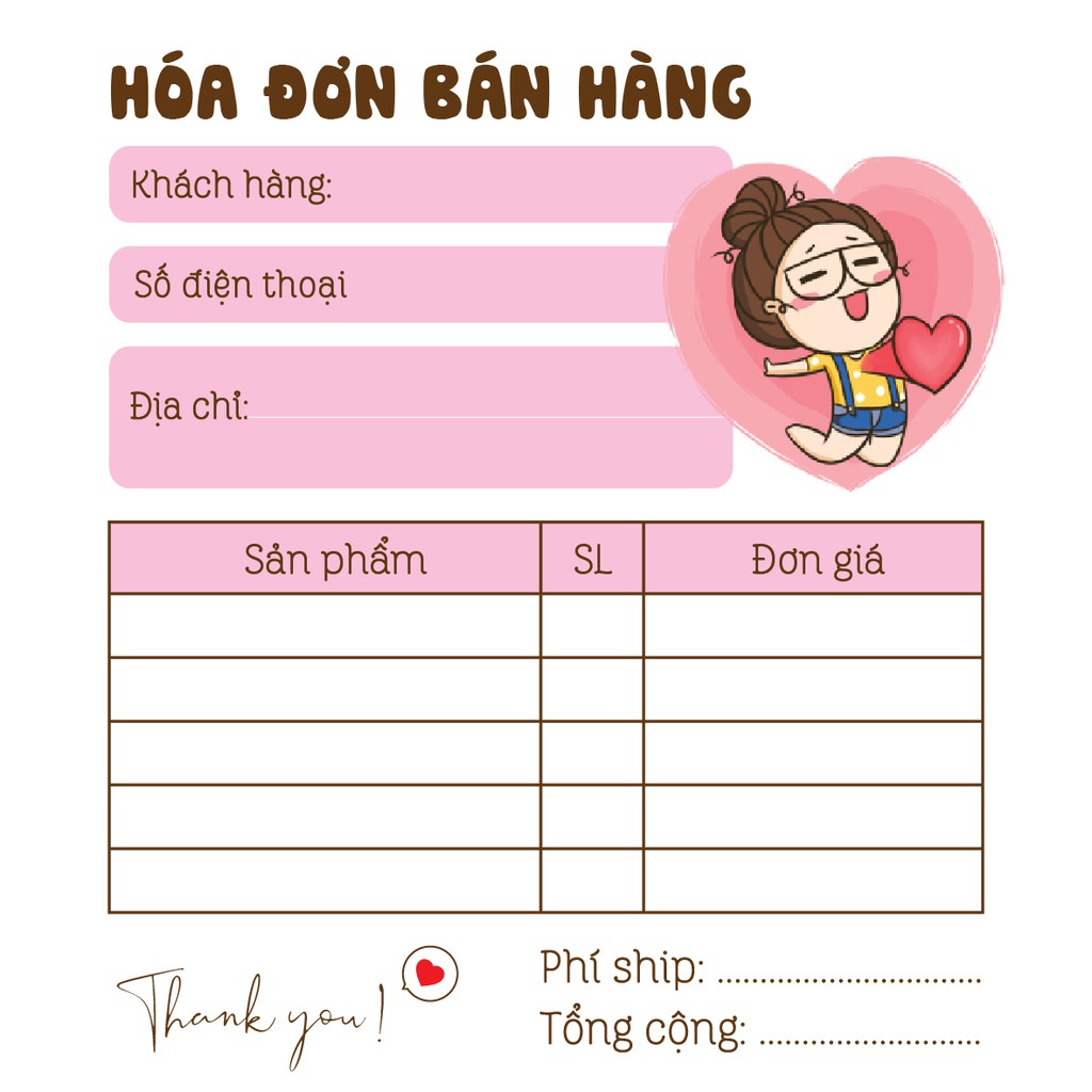 Hoá đơn bán hàng mini 1 liên siêu dễ thương mẫu cô gái áo vàng - V