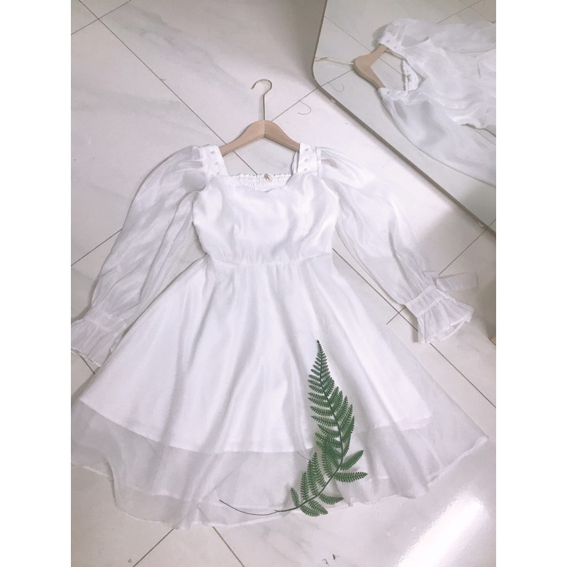 Váy trắng tay voan thiết kế đính hạt ngọc Đầm nữ tiểu thư thắt nơ tay