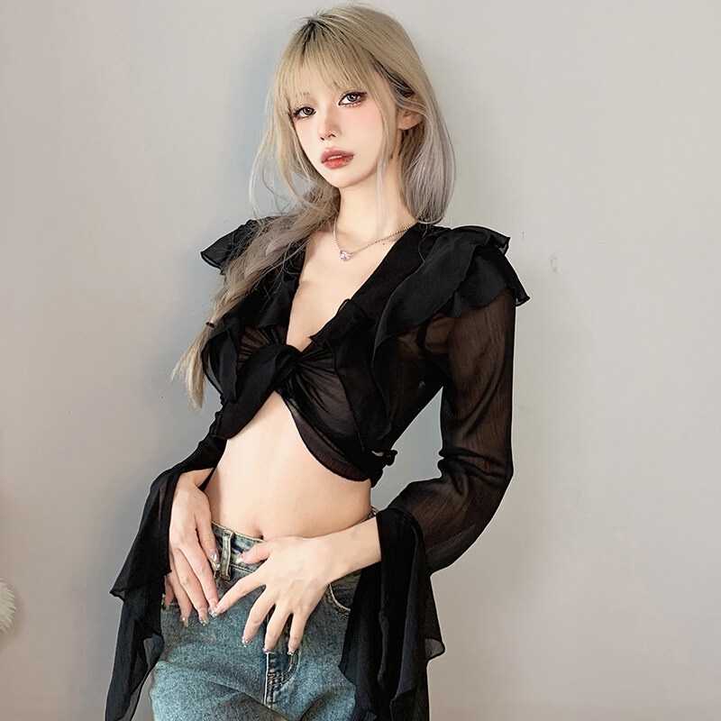 Kliou 2023 new Áo Croptop Tay Dài Loe Cổ Chữ V Thời Trang 2023 Dành Cho Nữ