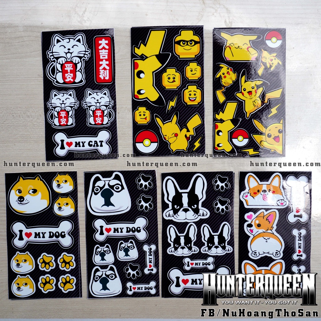 Sticker cute hình dán chó mèo Pikachu dễ thương. Dán điện thoại, laptop, tủ, nón bảo hiểm. Chống nước