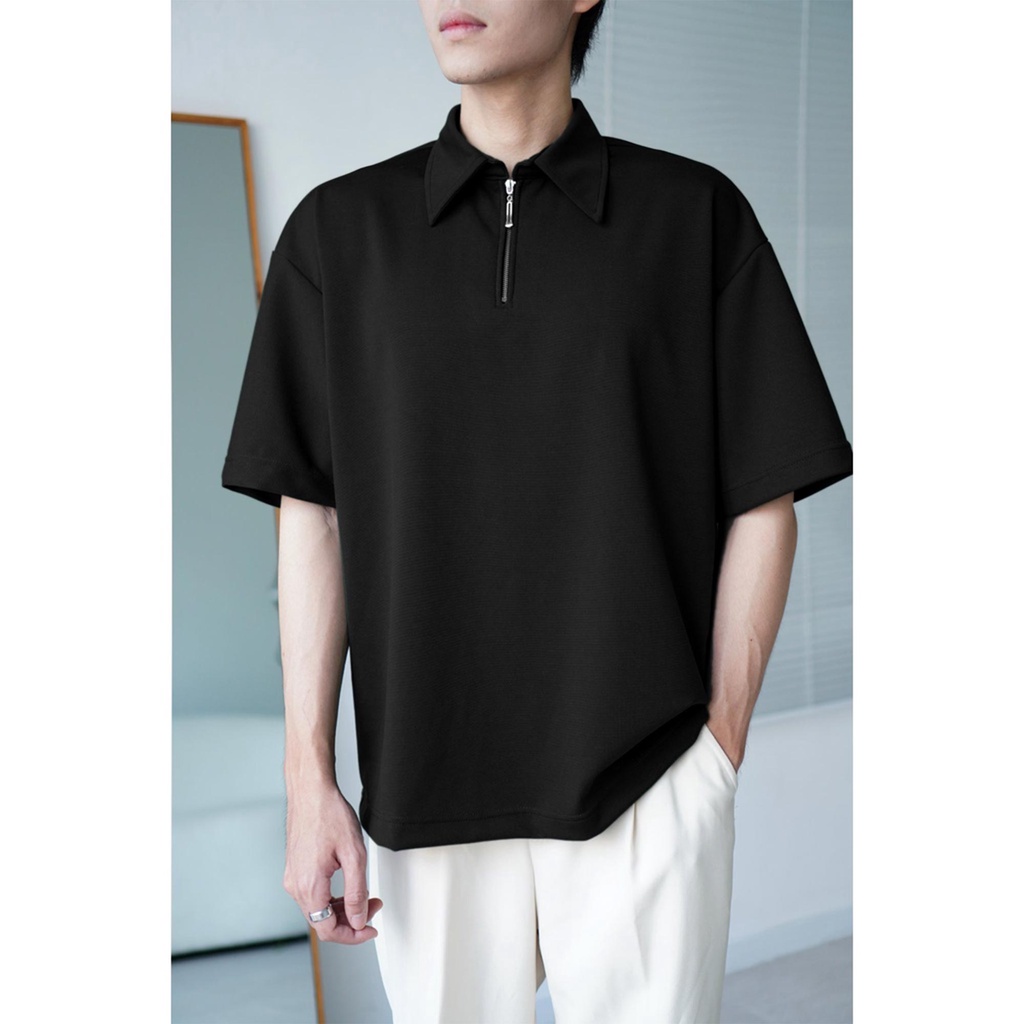 Áo polo form rộng ATHANOR zipper dây kéo - cổ dệt kim basic