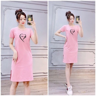Đầm thun nữ dáng suông cổ tròn xẻ tà in hình dễ thương mã D161